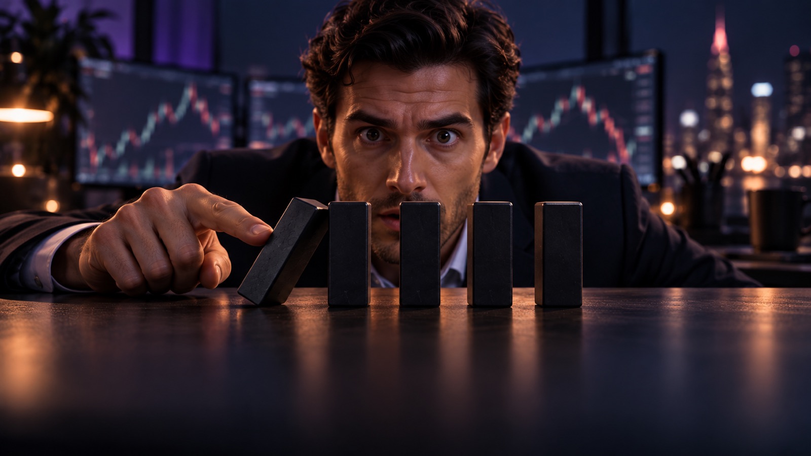 A startled trader looks over the table edge while touching the first of five dominoes in front of trading charts.