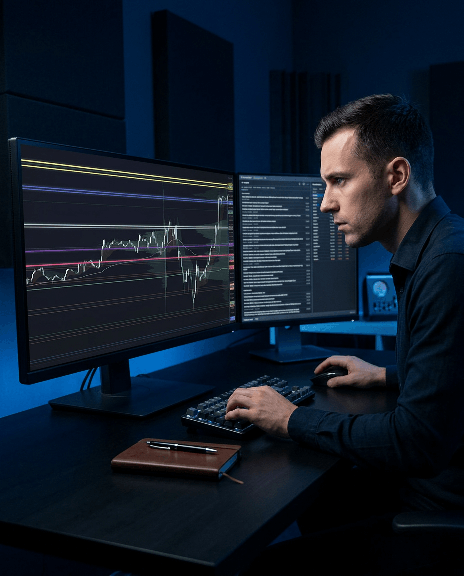 Konzentrierter Daytrader analysiert Futures-Chart mit institutionellen Preiszonen – Symbolbild für das Verständnis von Dealer Hedging Levels im Kurs der TradeNeon Academy