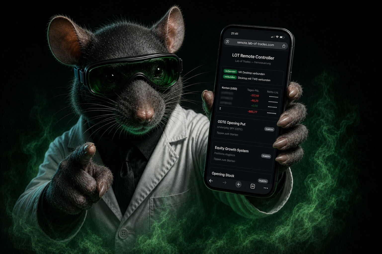 Die Labor-Ratte von Lab of Trades zeigt Remote Control auf dem Smartphone &ndash; Systemstatus und Schalter