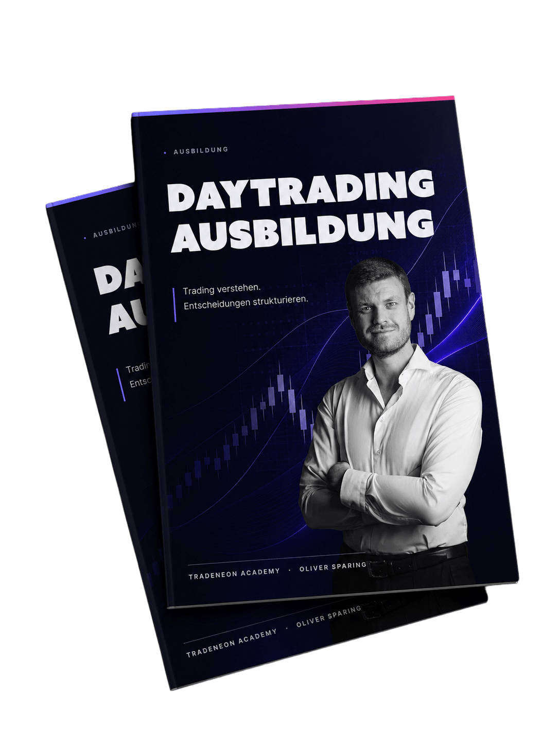 Die gedruckte Daytrading-Broschüre von TradeNeon, zwei Exemplare übereinander