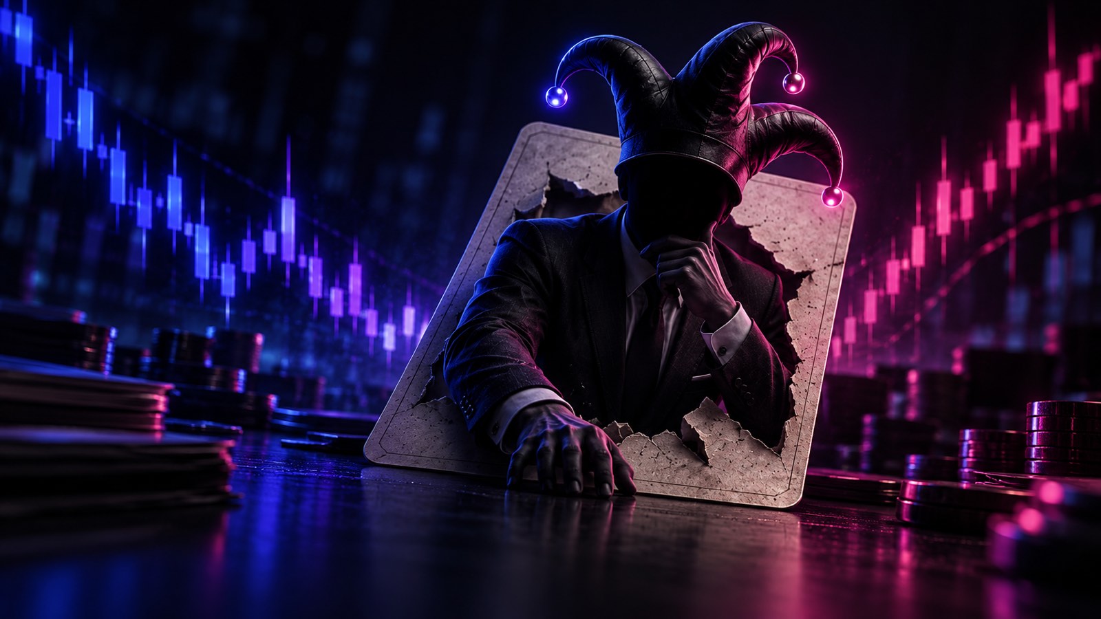 Anonymous suited market maker in a jester hat emerges from a playing card against blue-violet and pink price candles.