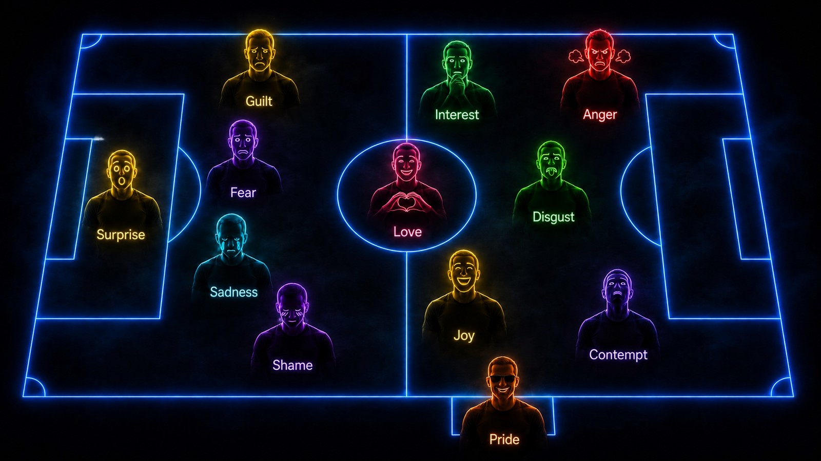 A pitch line-up of twelve emotions with English labels: defense, midfield, attack and pride as the coach