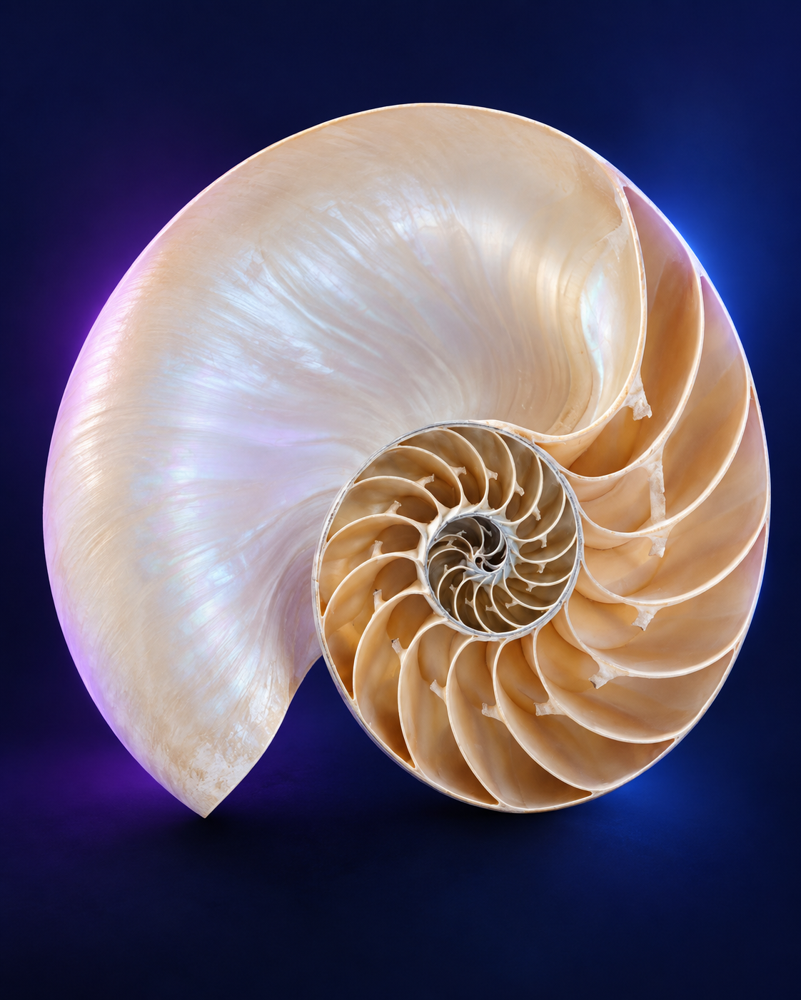 New photographic depiction of a cutaway nautilus shell with visible chambers and an organic spiral against a dark background.