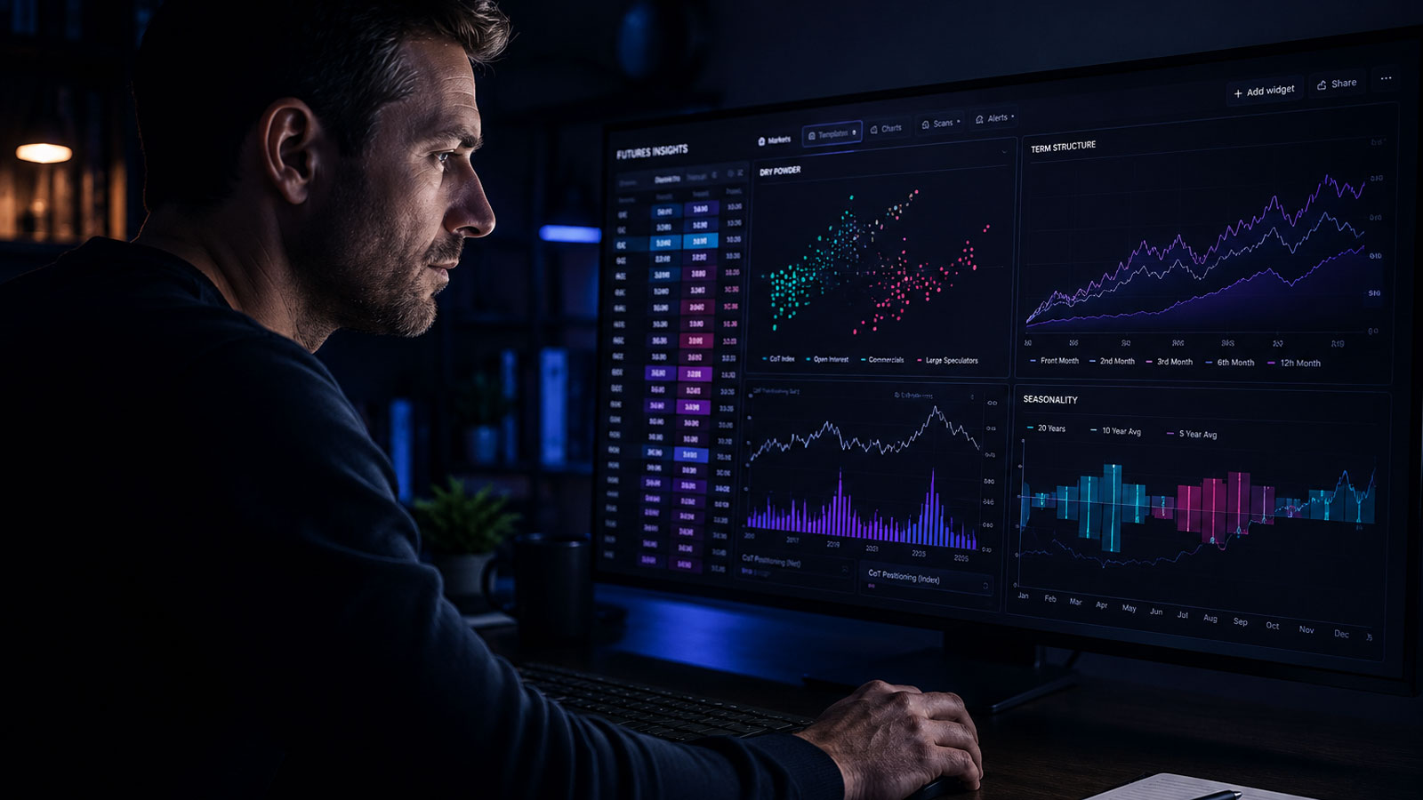 A trader reading the Futures Insights dashboard for fundamental analysis of futures markets
