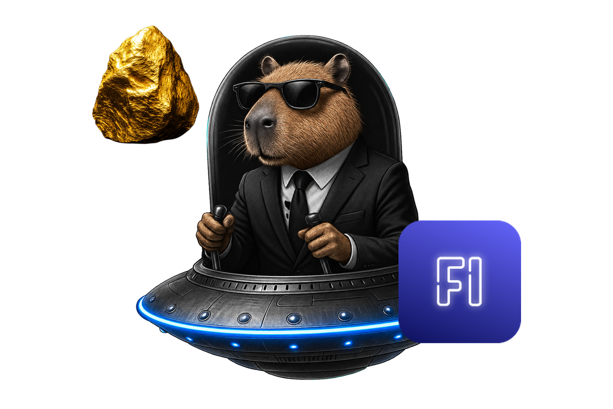 Capybara im UFO mit Goldklumpen, daneben das Futures-Insights-Icon