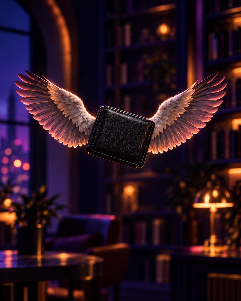 Eine einzelne schwarze Geldbörse mit Federflügeln schwebt vor dunklen Bücherregalen.