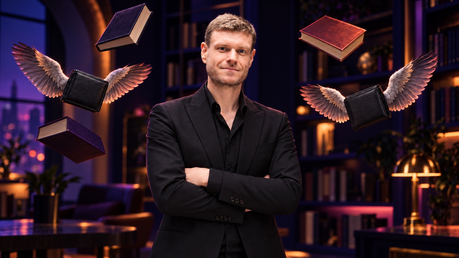 Oliver Sparing steht mit verschränkten Armen in einer dunklen Bibliothek; um ihn schweben Bücher und zwei schwarze Geldbörsen mit Flügeln.