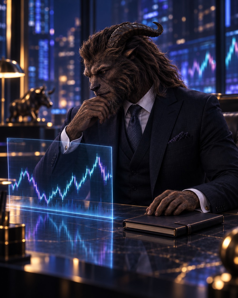 Beast-like figure in a dark suit studies a trading chart beside a closed notebook.