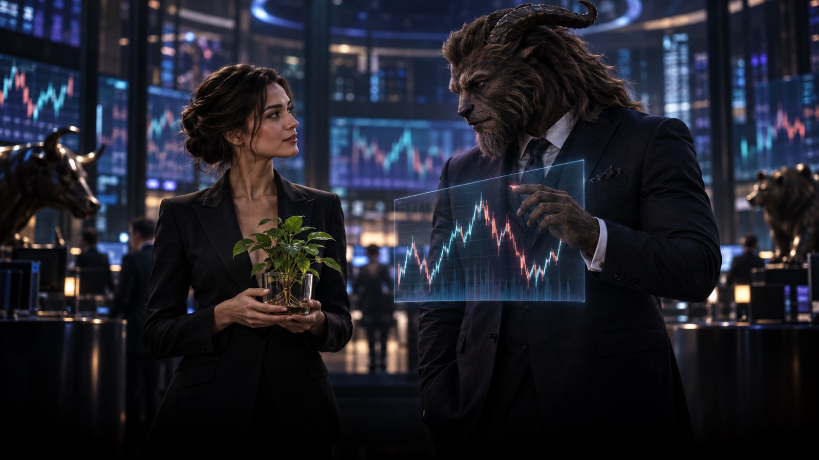 A suited woman holds a plant while a suited beast-like figure studies a trading chart opposite her.