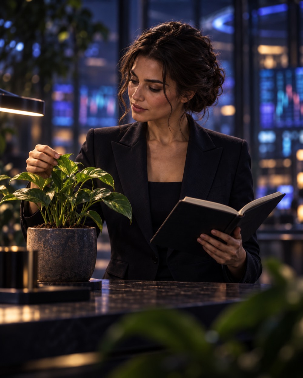 Woman in a dark suit tends a plant while reading a notebook.