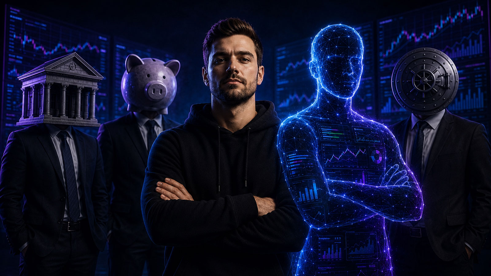 Ein anonymer Trader im Hoodie steht neben einer blauen KI-Lichtfigur; hinter ihm drei Anzugfiguren mit symbolischen Köpfen für Bank, Kapital und Technik