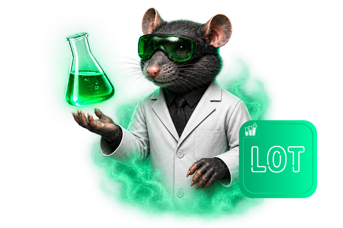 Die Labor-Ratte von Lab of Trades mit einem grün leuchtenden Kolben, daneben das Lab-of-Trades-Icon