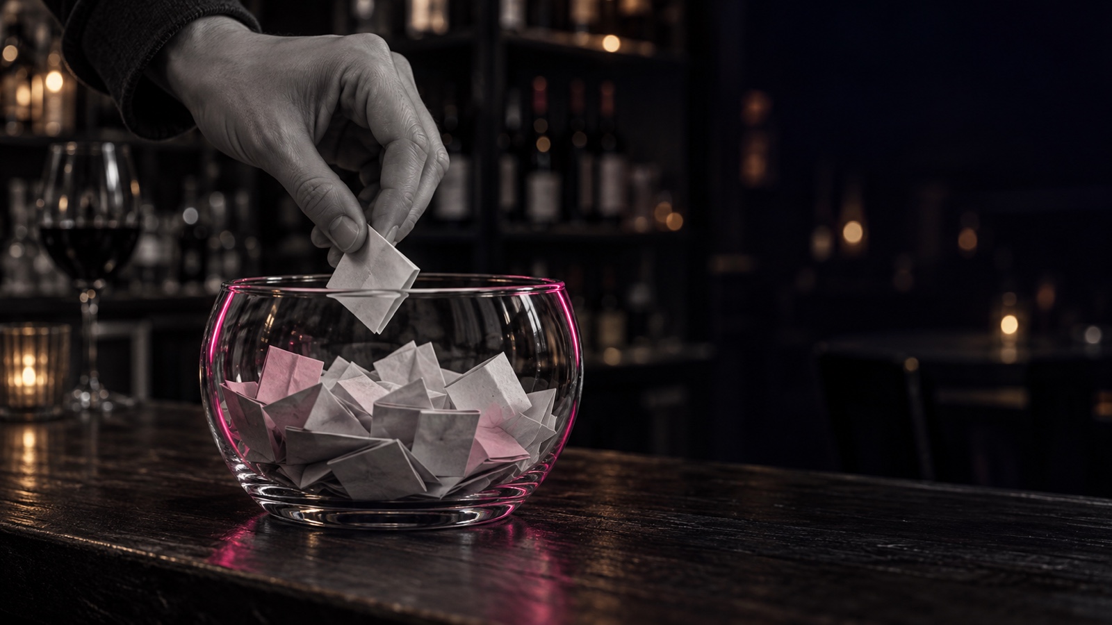 Eine Hand zieht einen gefalteten Zettel aus einer Glasschale auf einem dunklen Tresen