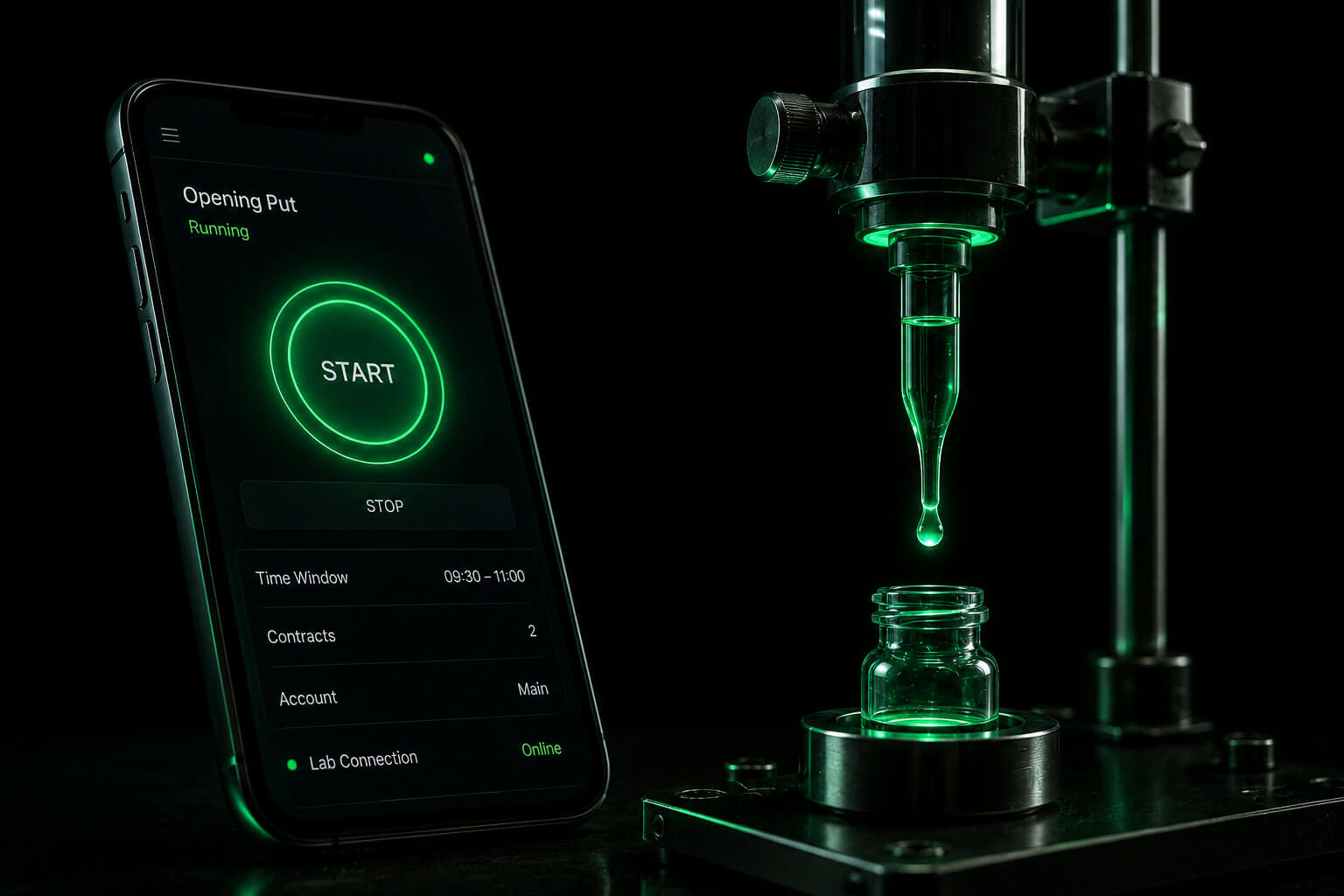 Remote Control auf dem Smartphone: das System Opening Put l&auml;uft, daneben ein Start- und ein Stopp-Schalter; rechts tropft eine Laborapparatur gr&uuml;n leuchtende Essenz in ein Gef&auml;&szlig;