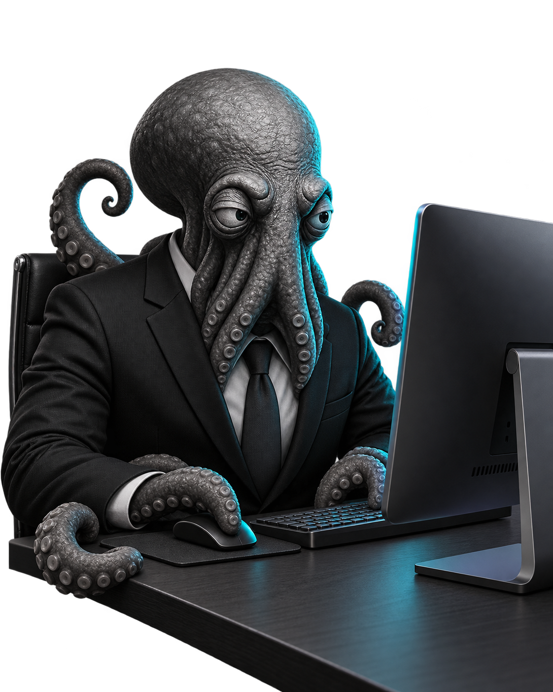 Opus sitzt am Schreibtisch und arbeitet am Computer.