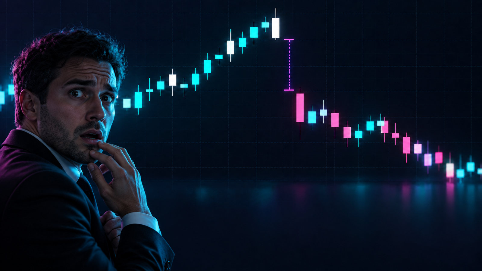 A startled trader looks at a downward gap in a candlestick chart.