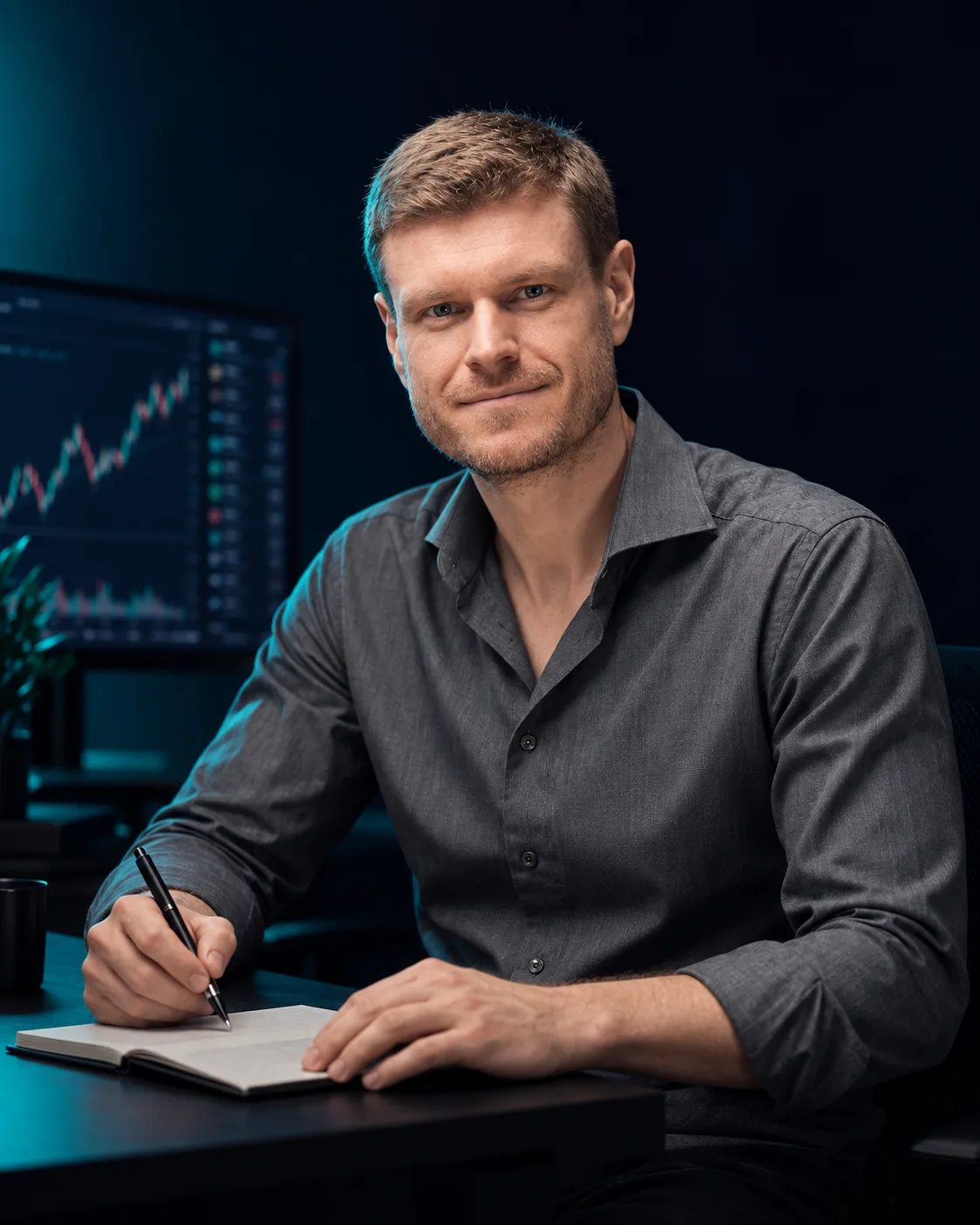 Oliver Sparing bei der Marktvorbereitung am Schreibtisch – Swingtrading-Ausbildung bei TradeNeon