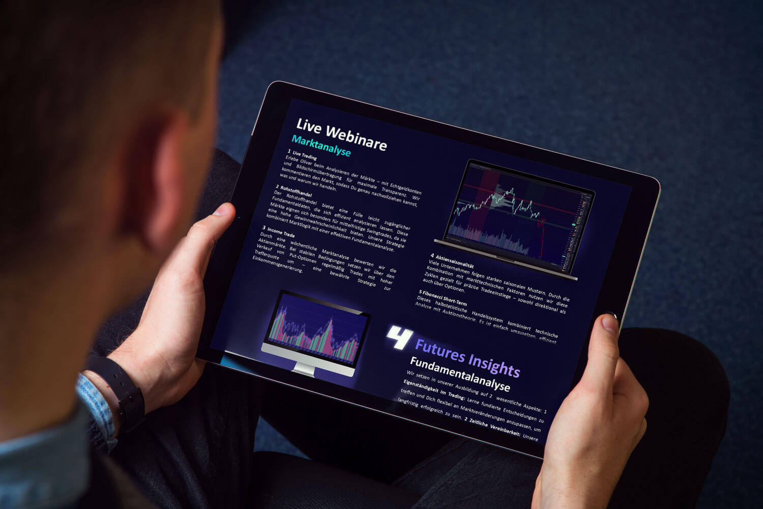 Mann liest die digitale Swingtrading-Broschüre von TradeNeon auf einem Tablet