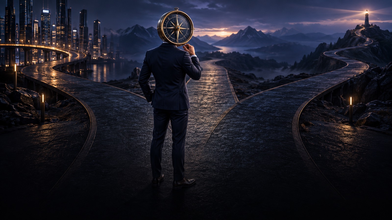 A compass-headed figure stands where three different paths begin.