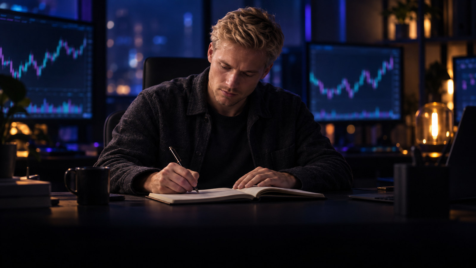 A blond trader writes in an open trading journal at a dark desk, with blurred market charts behind him.